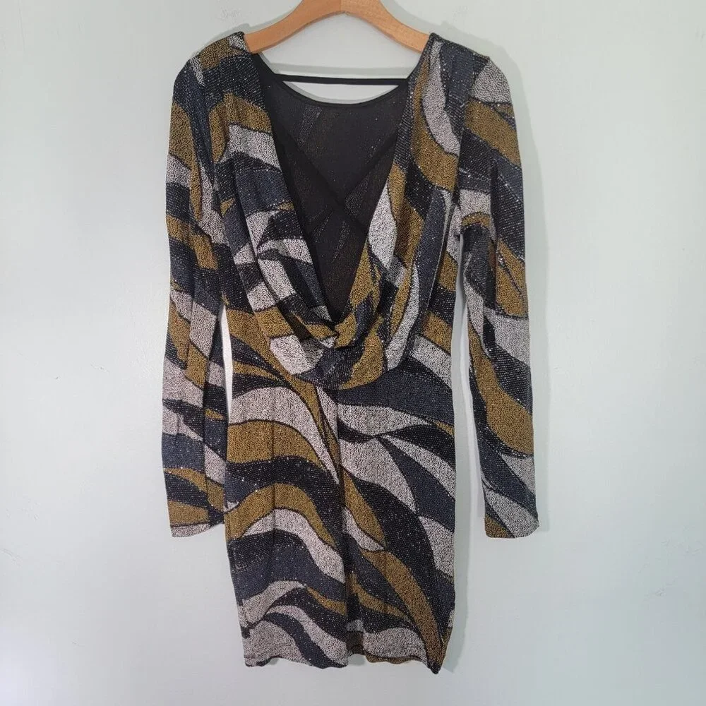 Privy Mini Dress Black Gold Sequin Long Sleeve Open Draped‎ Back Size Small EUC